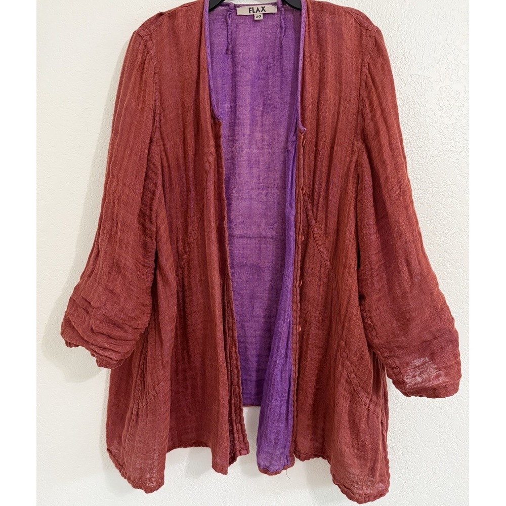 Flax Linen 2G Plus Size Maroon Purple Button Down Cropped Sleeve Lagen Top